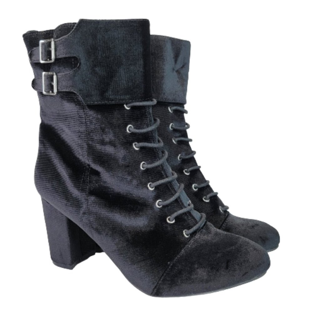 Diba Sz 8.5 Velvet Cuffed Goth Buckle Lace Up Zip High Heel Ankle Boot Shoes